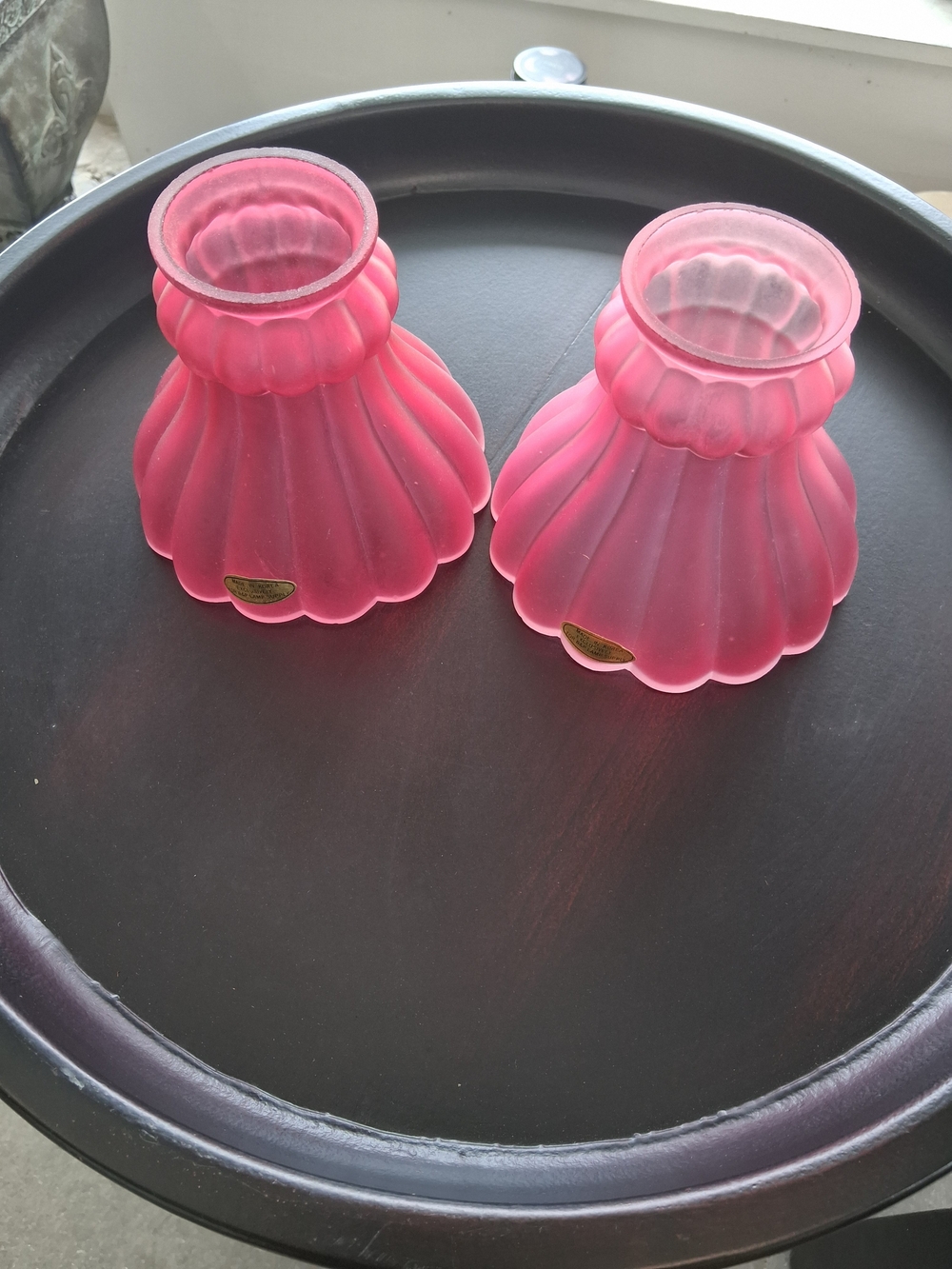 Pair of Pink Frosted Glass Lamp Shades. Made In Korea Especially For B&P Lamp